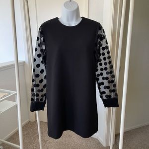 The Open Black polka dot long sleeve boxy straight mini dress preowned XS-S